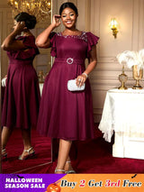 AOMEIDRESS A Line Party Dresses Beading Ruffles Sleeves Lining With Waist Buckle Elegant Curve Ladies Wine / S