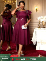 AOMEIDRESS A Line Party Dresses Beading Ruffles Sleeves Lining With Waist Buckle Elegant Curve Ladies Wine / S