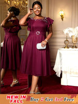 AOMEIDRESS A Line Party Dresses Beading Ruffles Sleeves Lining With Waist Buckle Elegant Curve Ladies Wine / S