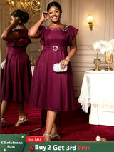 AOMEIDRESS A Line Party Dresses Beading Ruffles Sleeves Lining With Waist Buckle Elegant Curve Ladies Wine / S
