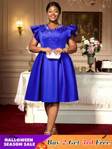 AOMEIDRESS A Line Party Dresses V Neck Ruffles Sleeves Occasion Birthday Event Blue / S