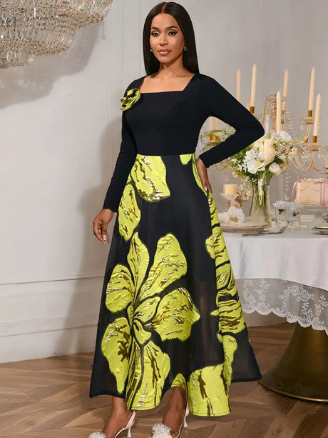 AOMEIDRESS A Line Patchwork Dress Gold Relief Print 3D Flower Gowns