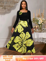 AOMEIDRESS A Line Patchwork Dress Gold Relief Print 3D Flower Gowns Black / S