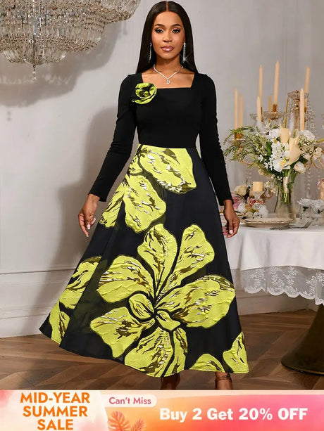 AOMEIDRESS A Line Patchwork Dress Gold Relief Print 3D Flower Gowns Black / S