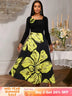 AOMEIDRESS A Line Patchwork Dress Gold Relief Print 3D Flower Gowns Black / S