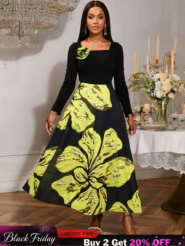 AOMEIDRESS A Line Patchwork Dress Gold Relief Print 3D Flower Gowns Black / S