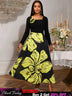 AOMEIDRESS A Line Patchwork Dress Gold Relief Print 3D Flower Gowns Black / S