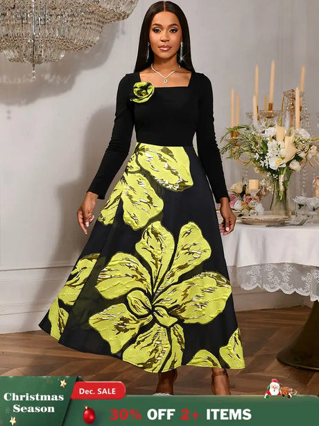 AOMEIDRESS A Line Patchwork Dress Gold Relief Print 3D Flower Gowns Black / S