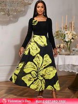 AOMEIDRESS A Line Patchwork Dress Gold Relief Print 3D Flower Gowns Black / S