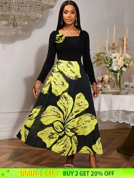 AOMEIDRESS A Line Patchwork Dress Gold Relief Print 3D Flower Gowns Black / S