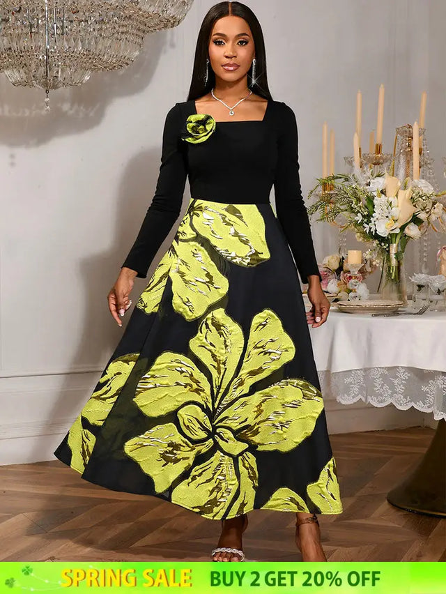 AOMEIDRESS A Line Patchwork Dress Gold Relief Print 3D Flower Gowns Black / S