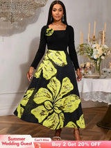 AOMEIDRESS A Line Patchwork Dress Gold Relief Print 3D Flower Gowns Black / S