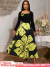 AOMEIDRESS A Line Patchwork Dress Gold Relief Print 3D Flower Gowns Black / S