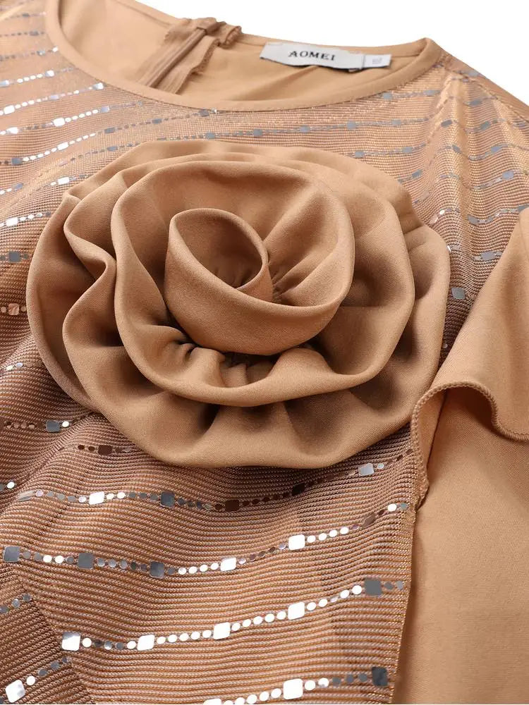 AOMEIDRESS A Line Plated Dress O Neck Ruffles Sleeve Sequin 3D Flower