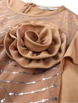 AOMEIDRESS A Line Plated Dress O Neck Ruffles Sleeve Sequin 3D Flower