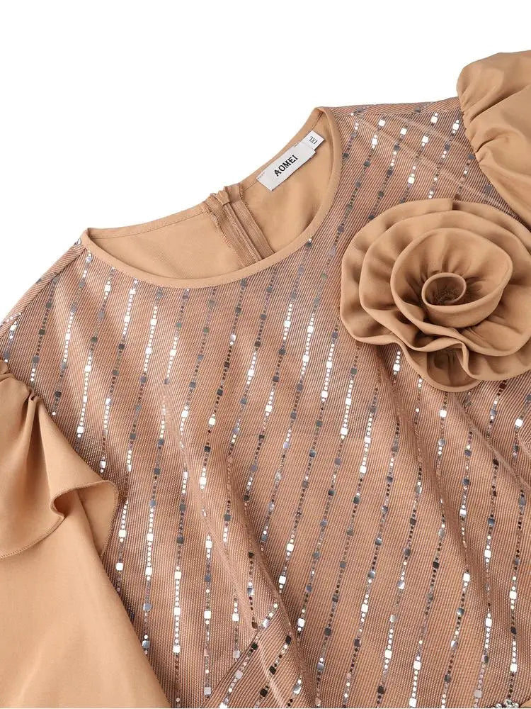 AOMEIDRESS A Line Plated Dress O Neck Ruffles Sleeve Sequin 3D Flower