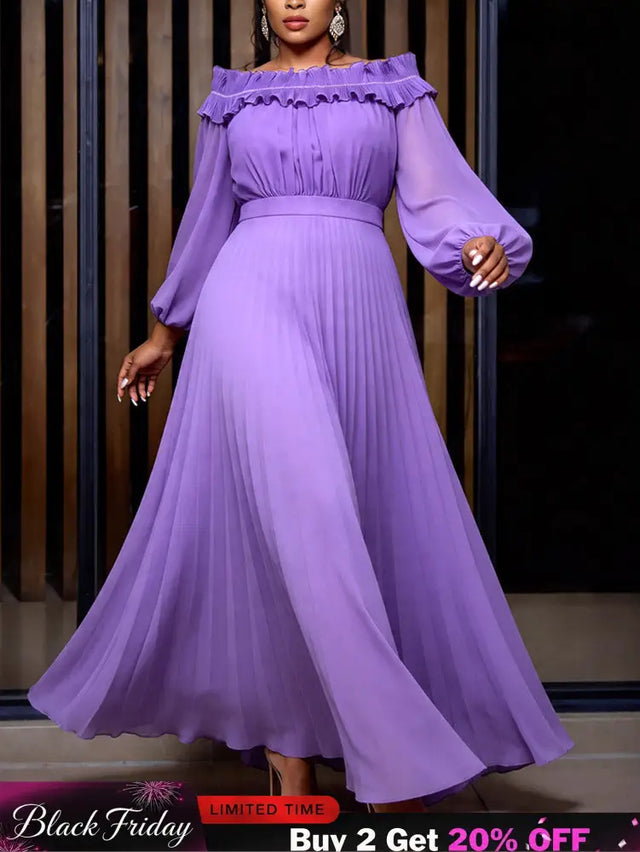 AOMEIDRESS A Line Pleated Chiffon Dress Off The Shoulder Puff Sleeves - Lavender / S