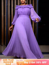 AOMEIDRESS A Line Pleated Chiffon Dress Off The Shoulder Puff Sleeves - Lavender / S