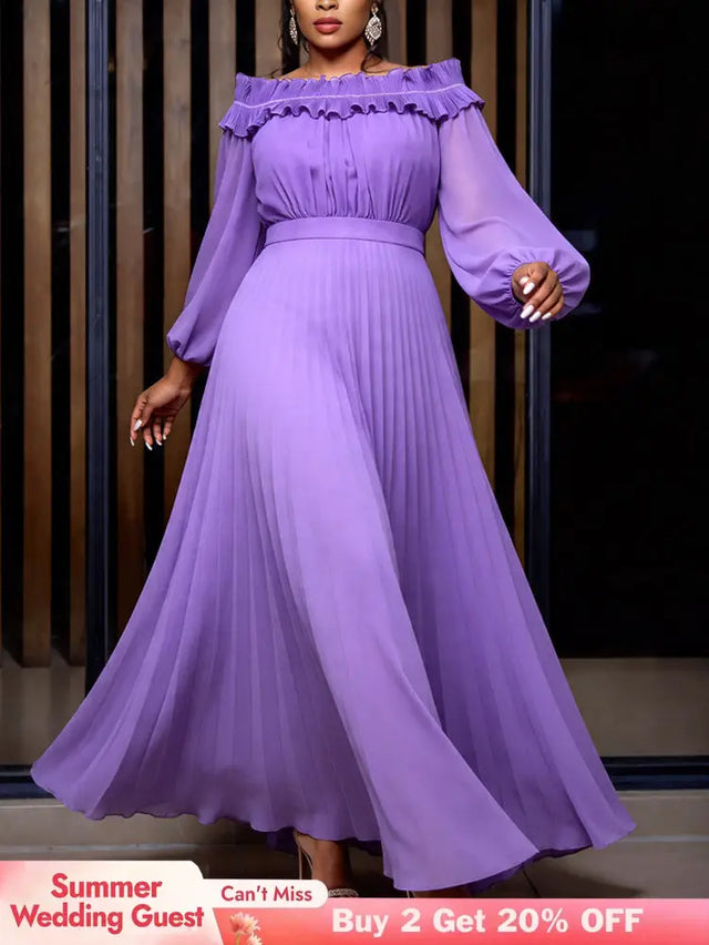 AOMEIDRESS A Line Pleated Chiffon Dress Off The Shoulder Puff Sleeves - Lavender / S