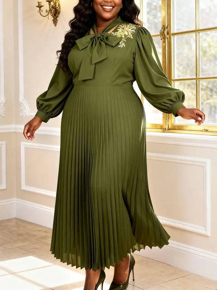 AOMEIDRESS A Line Pleated Dres Bow Tie Puff Sleeves Appliques Gowns