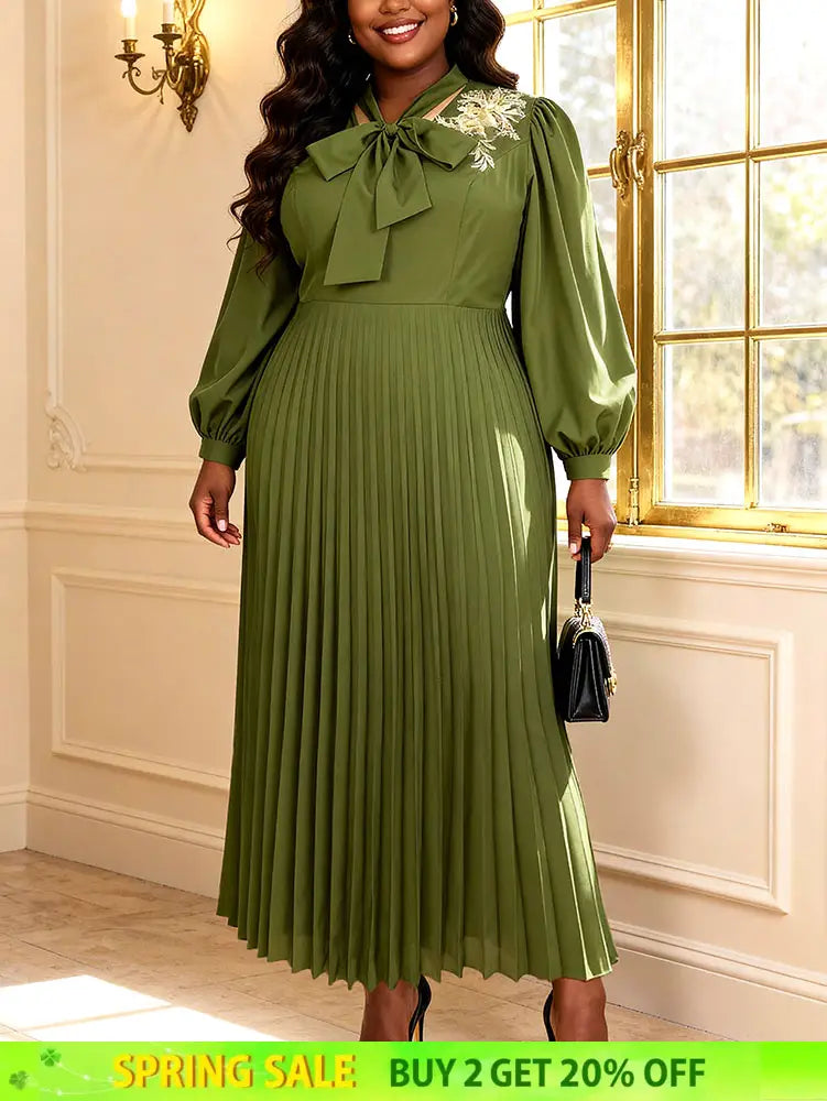 AOMEIDRESS A Line Pleated Dres Bow Tie Puff Sleeves Appliques Gowns ArmyGreen / S