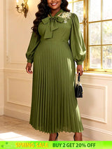 AOMEIDRESS A Line Pleated Dres Bow Tie Puff Sleeves Appliques Gowns ArmyGreen / S