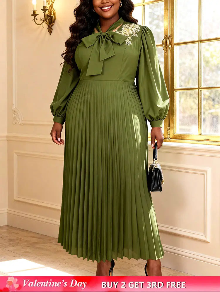 AOMEIDRESS A Line Pleated Dres Bow Tie Puff Sleeves Appliques Gowns ArmyGreen / S
