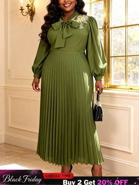 AOMEIDRESS A Line Pleated Dres Bow Tie Puff Sleeves Appliques Gowns ArmyGreen / S