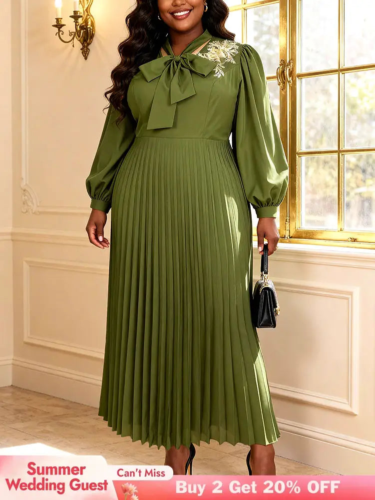 AOMEIDRESS A Line Pleated Dres Bow Tie Puff Sleeves Appliques Gowns ArmyGreen / S