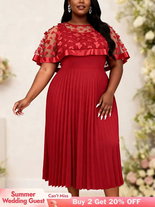 AOMEIDRESS A Line Pleated Dres with Bow Mesh Cape Chic Party Gowns - Red / S