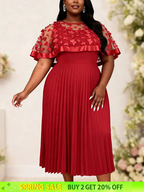 AOMEIDRESS A Line Pleated Dres with Bow Mesh Cape Chic Party Gowns - Red / S