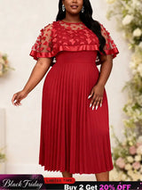 AOMEIDRESS A Line Pleated Dres with Bow Mesh Cape Chic Party Gowns - Red / S