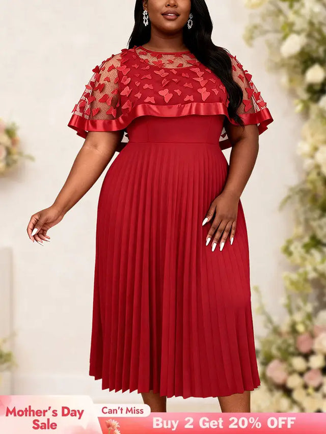 AOMEIDRESS A Line Pleated Dres with Bow Mesh Cape Chic Party Gowns - Red / S