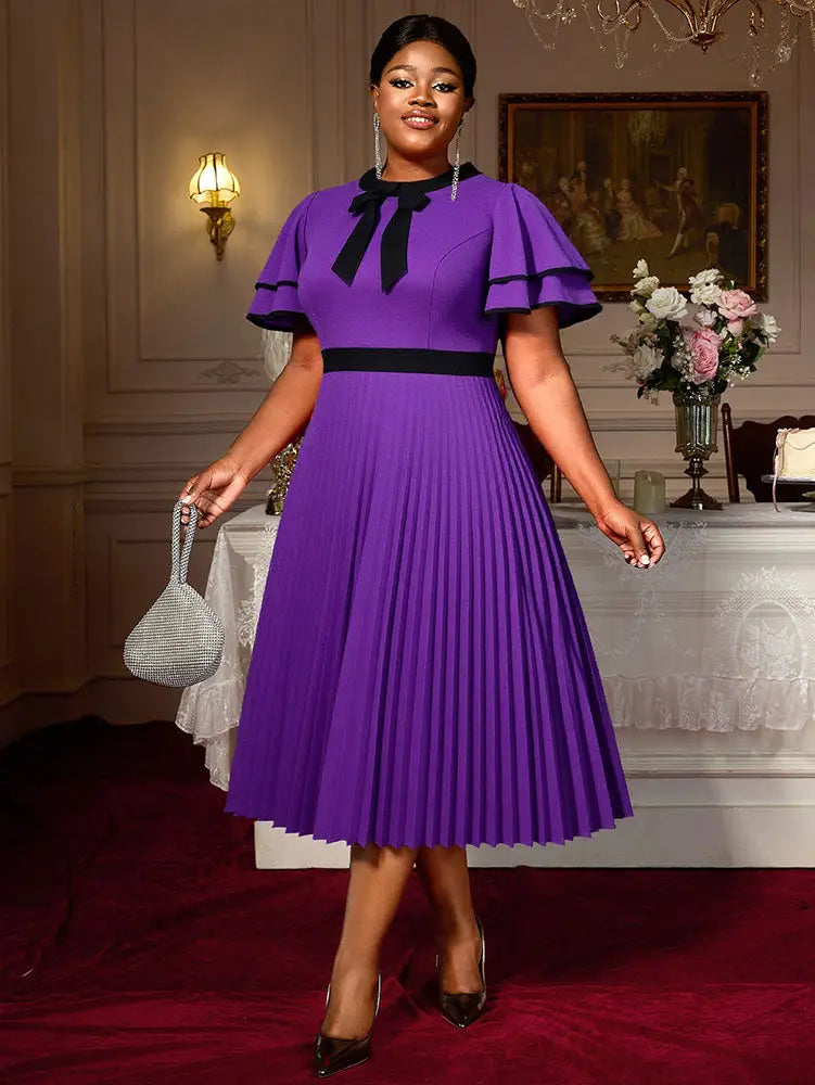 AOMEIDRESS A Line Pleated Dress Bow Neck Colorblock Party Outfit