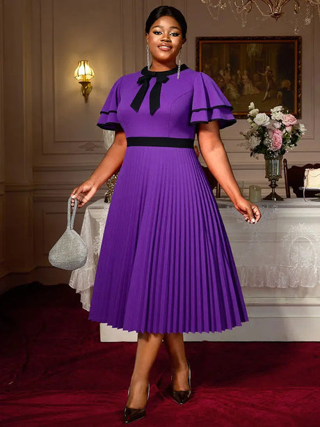 AOMEIDRESS A Line Pleated Dress Bow Neck Colorblock Party Outfit