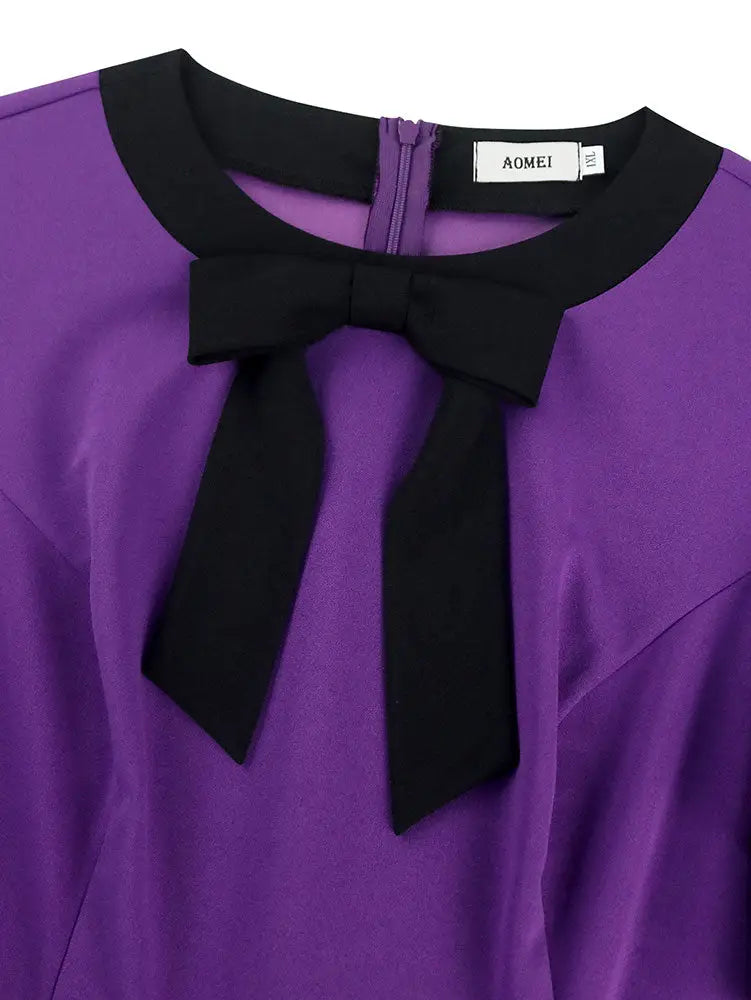 AOMEIDRESS A Line Pleated Dress Bow Neck Colorblock Party Outfit