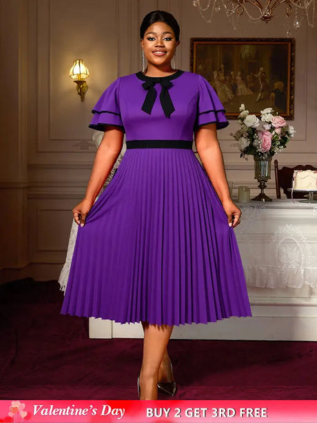 AOMEIDRESS A Line Pleated Dress Bow Neck Colorblock Party Outfit DarkPurple / S