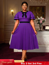 AOMEIDRESS A Line Pleated Dress Bow Neck Colorblock Party Outfit DarkPurple / S