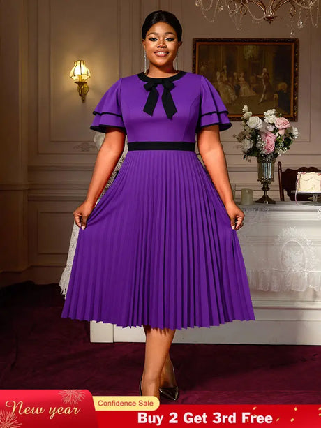 AOMEIDRESS A Line Pleated Dress Bow Neck Colorblock Party Outfit DarkPurple / S