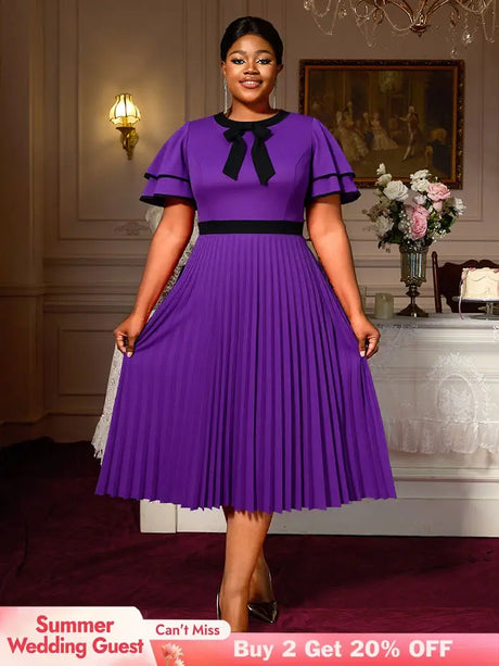 AOMEIDRESS A Line Pleated Dress Bow Neck Colorblock Party Outfit DarkPurple / S