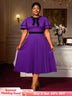 AOMEIDRESS A Line Pleated Dress Bow Neck Colorblock Party Outfit DarkPurple / S