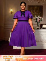 AOMEIDRESS A Line Pleated Dress Bow Neck Colorblock Party Outfit DarkPurple / S