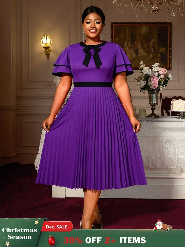 AOMEIDRESS A Line Pleated Dress Bow Neck Colorblock Party Outfit DarkPurple / S