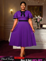 AOMEIDRESS A Line Pleated Dress Bow Neck Colorblock Party Outfit DarkPurple / S