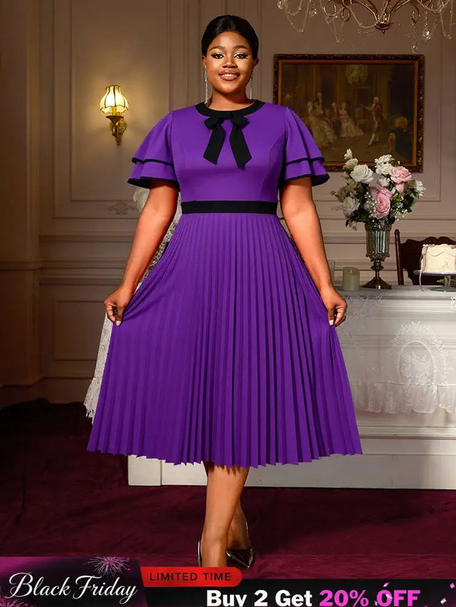 AOMEIDRESS A Line Pleated Dress Bow Neck Colorblock Party Outfit DarkPurple / S