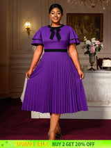 AOMEIDRESS A Line Pleated Dress Bow Neck Colorblock Party Outfit DarkPurple / S
