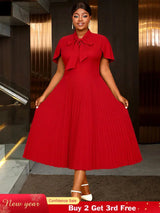 AOMEIDRESS A Line Pleated Dress Cape Sleeve Bow Collar Church Gowns Red / L