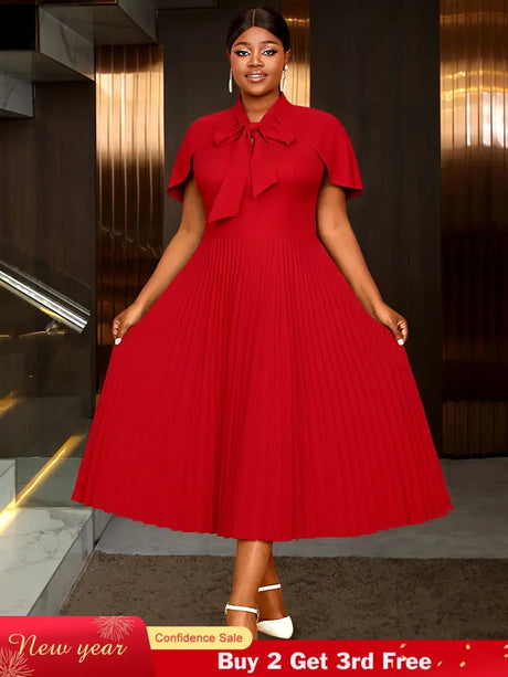 AOMEIDRESS A Line Pleated Dress Cape Sleeve Bow Collar Church Gowns Red / L