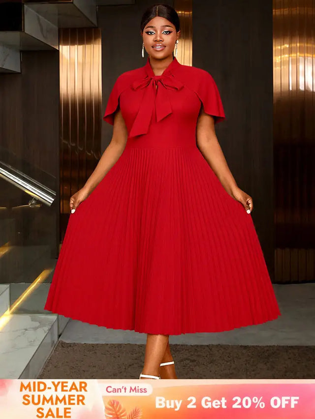 AOMEIDRESS A Line Pleated Dress Cape Sleeve Bow Collar Church Gowns Red / L