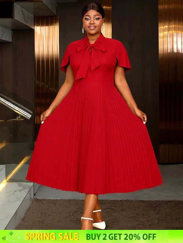 AOMEIDRESS A Line Pleated Dress Cape Sleeve Bow Collar Church Gowns Red / L